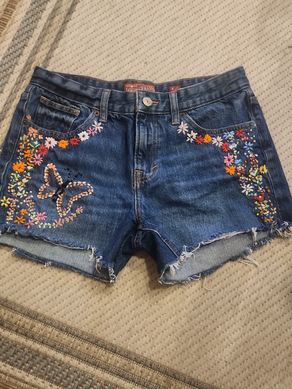 Lucky Brand Dark Blue Denim Shorts with Multicolor Floral Embroidery